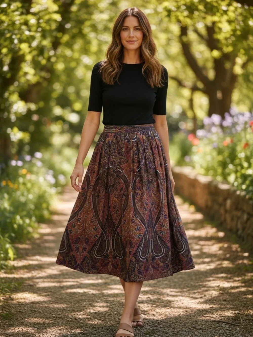TG Lands End 100% Wool Pleated Paisley Skirt Size 14 Whimsigoth Dark Academia